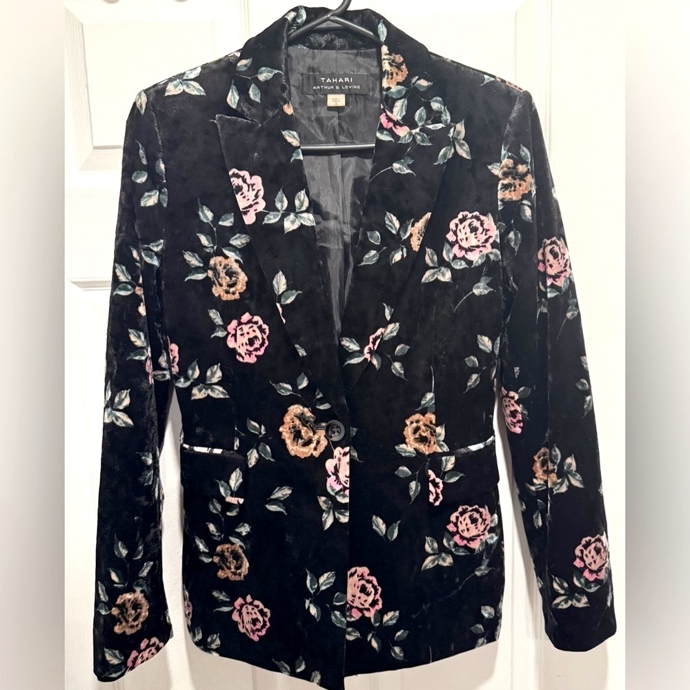 Tahari Arthur Levine Velvet Jacket Blazer Floral Rose party office fitted boho 2